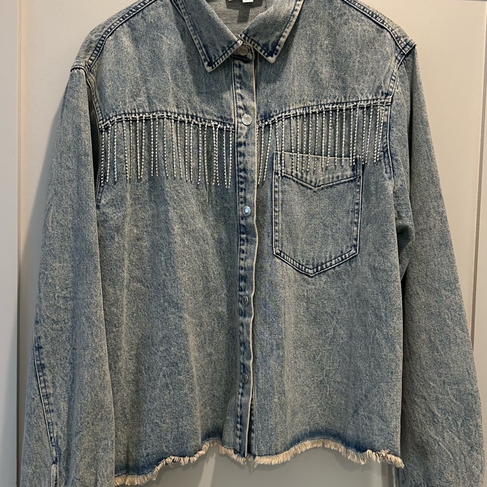 Denim rhinestone Fringe Button-Up Shirt